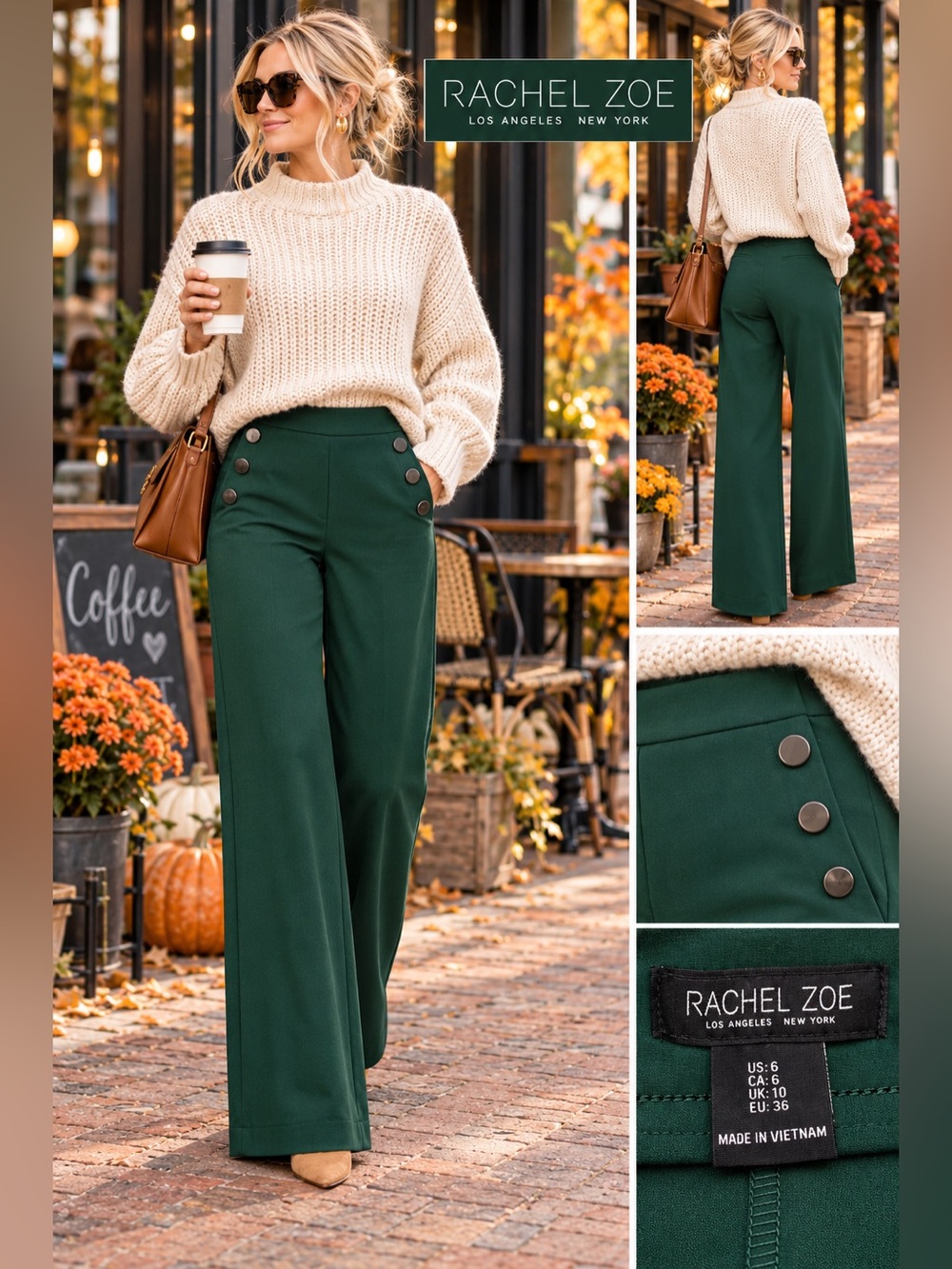 Rachel Zoe Hunter Green Wide Leg Sailor Button Pants Size 6 - Picture 1 of 6